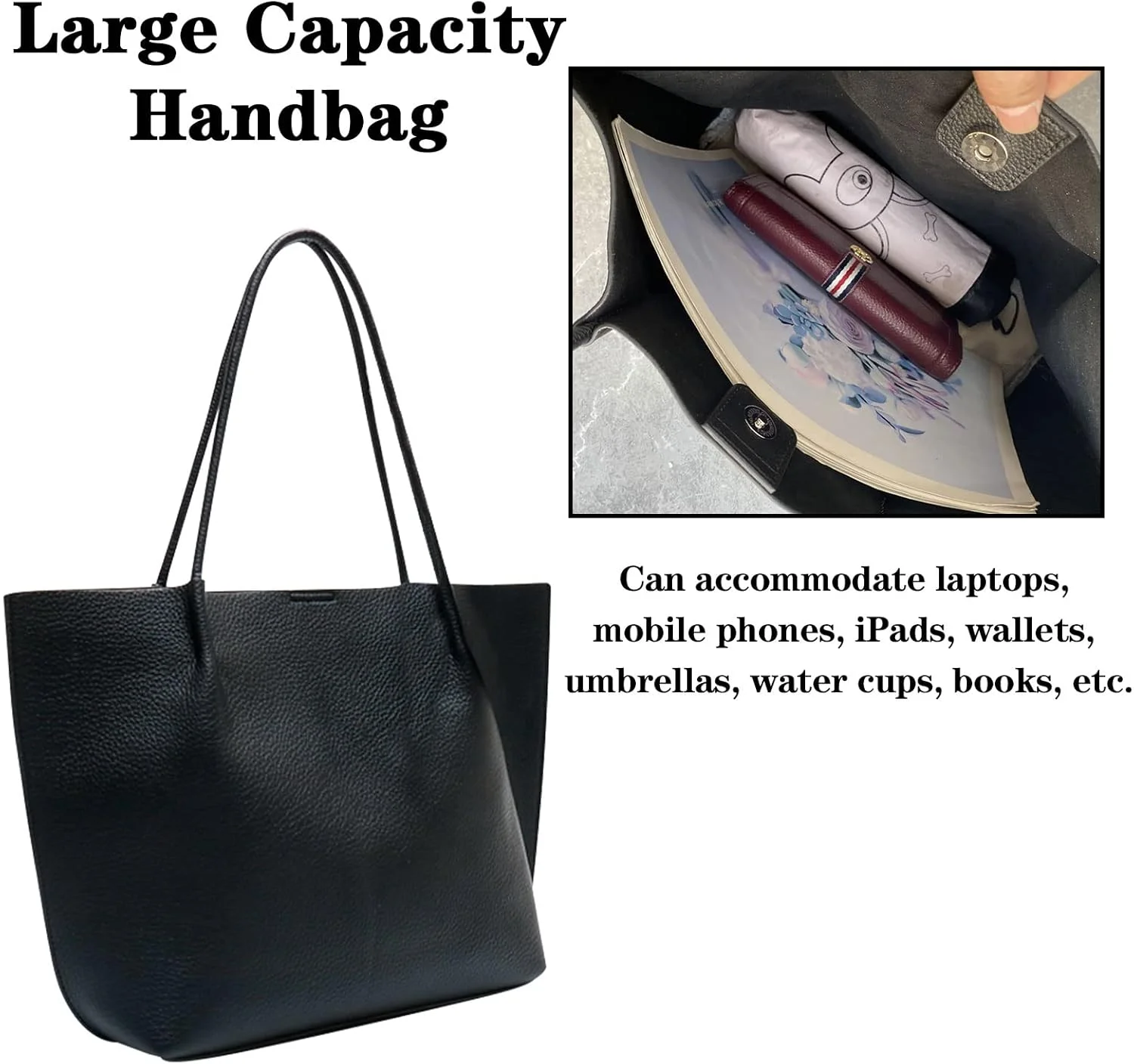 کیف دستی بزرگ زنانه، کیف دوشی بزرگ، کیف دستی زنانه با کیف پول ست، کیف و کیف دستی چرمی، کیف دوشی زنانه با دسته بالایی، کیف دستی (مشکی)