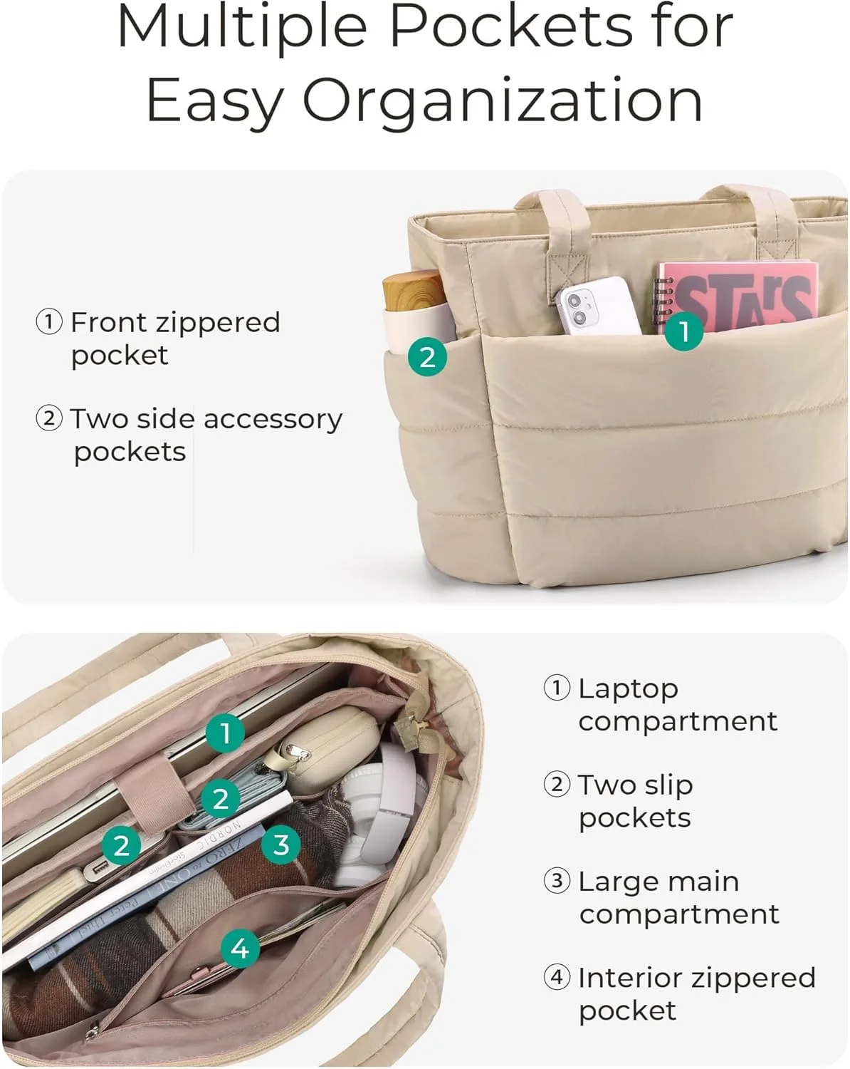 کیف دستی پفی زنانه، کیف شانه ای سبک وزن با محفظه های متعدد، ایده آل برای سفر، کار، باشگاه کیف دستی پفی زنانه، کیف شانه ای سبک وزن با محفظه های متعدد، ایده آل برای سفر، کار، باشگاه