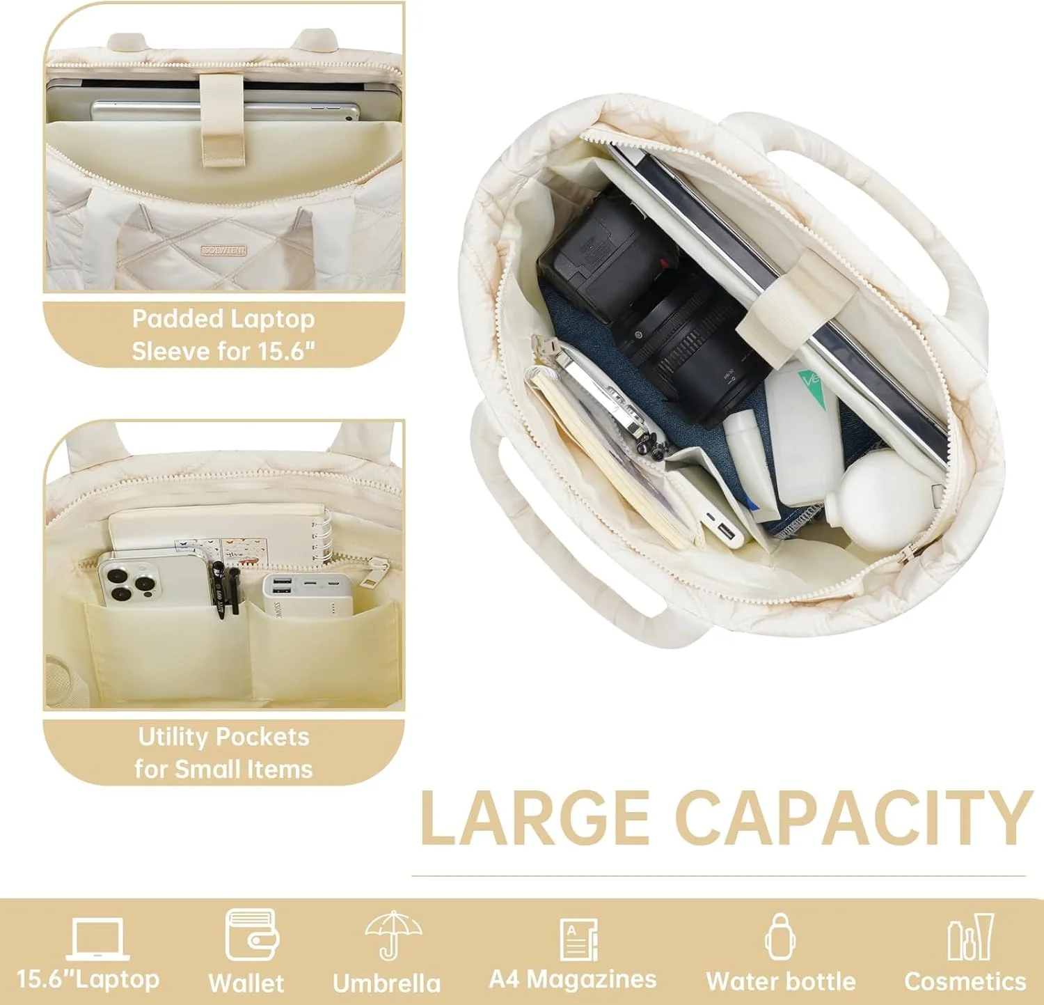 کیف دستی پافر زنانه، کیف بزرگ و سبک وزن با محفظه لپ تاپ 15.6 اینچی، کیف دستی زیپ دار مناسب سفر، کار، باشگاه، کیف شانه ای نایلونی ضد آب