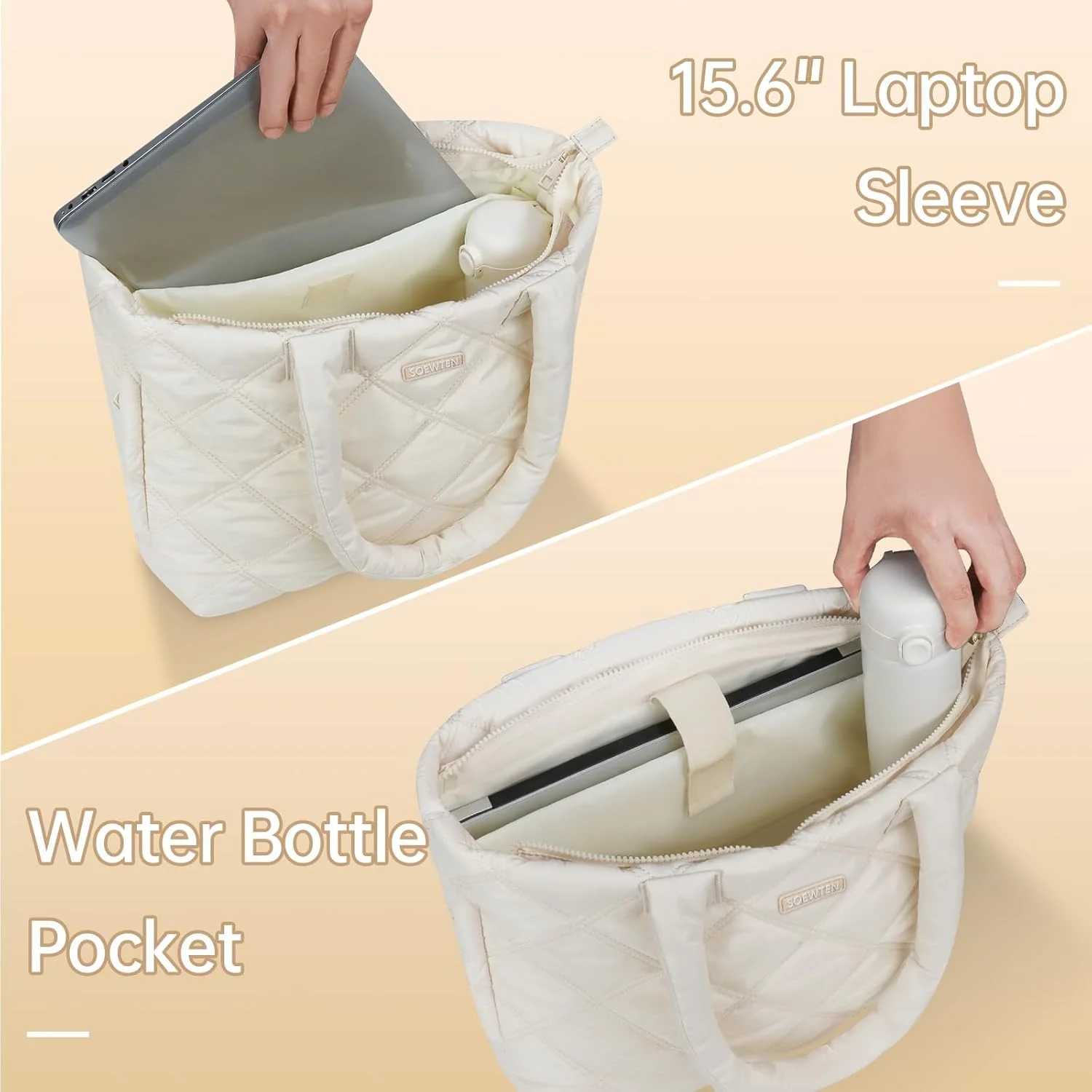 کیف دستی پافر زنانه، کیف بزرگ و سبک وزن با محفظه لپ تاپ 15.6 اینچی، کیف دستی زیپ دار مناسب سفر، کار، باشگاه، کیف شانه ای نایلونی ضد آب