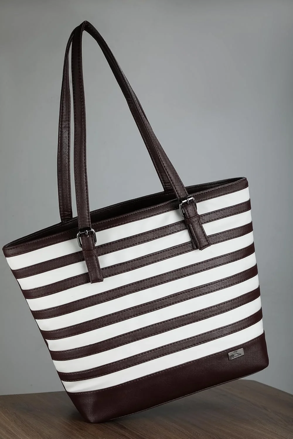 کیف دستی زنانه کی لندن از جنس چرم مصنوعی، جادار، شیک، بادوام، دارای زیپ، طرح راه راه نیمه شب، مناسب برای استفاده روزمره و اداری