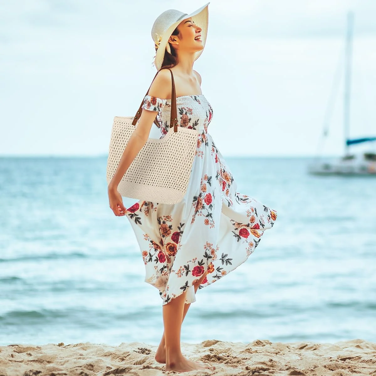 کیف های ساحلی بافتنی زنانه، کیف دستی حصیری بزرگ بافته شده تابستانی، کیف شانه ای، کیف های بافتنی بوهو دست ساز برای مسافرت ساحلی، تعطیلات، کار، خرید و استفاده روزانه