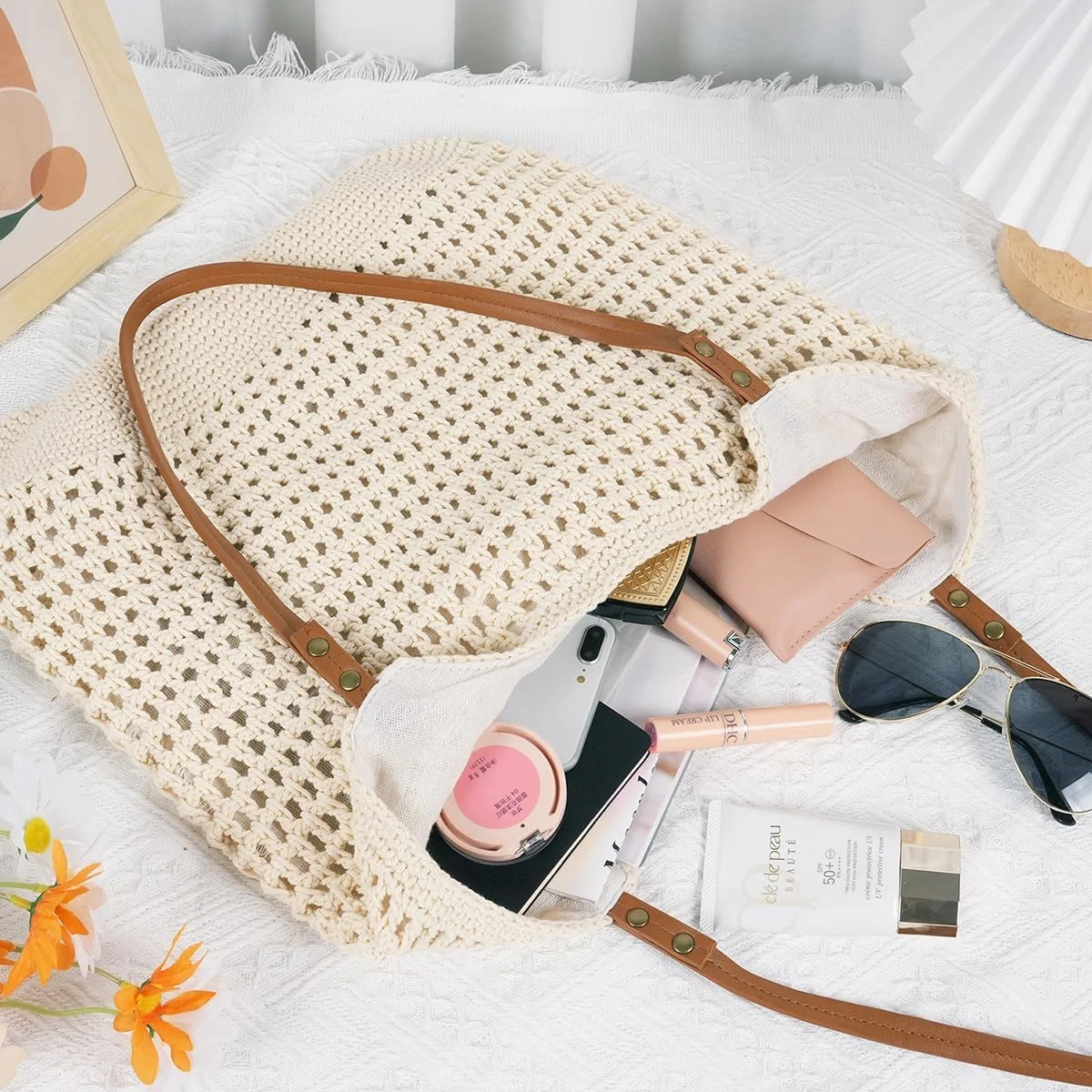 کیف های ساحلی بافتنی زنانه، کیف دستی حصیری بزرگ بافته شده تابستانی، کیف شانه ای، کیف های بافتنی بوهو دست ساز برای مسافرت ساحلی، تعطیلات، کار، خرید و استفاده روزانه