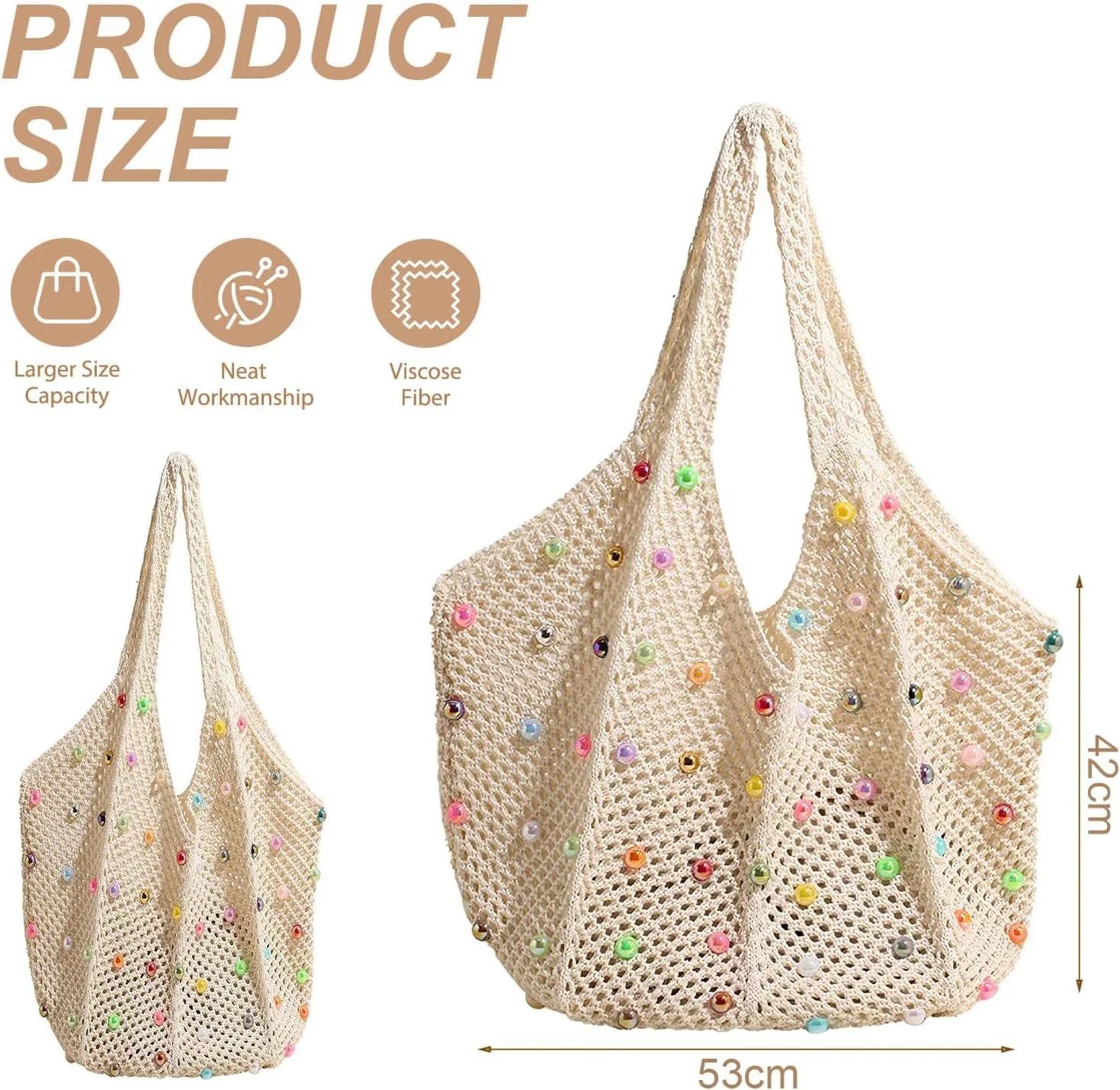 کیف دستی ساحلی بافتنی بوهو زنانه، کیف دستی بافت رنگارنگ هیپی با مهره های رنگی، کیف شانه ای بافته شده برای مسافرت، ساحل، تابستان، تعطیلات