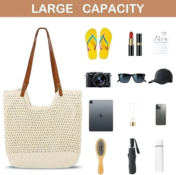 کیف های ساحلی بافتنی زنانه، کیف دستی حصیری بزرگ بافته شده تابستانی، کیف شانه ای، کیف های بافتنی بوهو دست ساز برای مسافرت ساحلی، تعطیلات، کار، خرید و استفاده روزانه