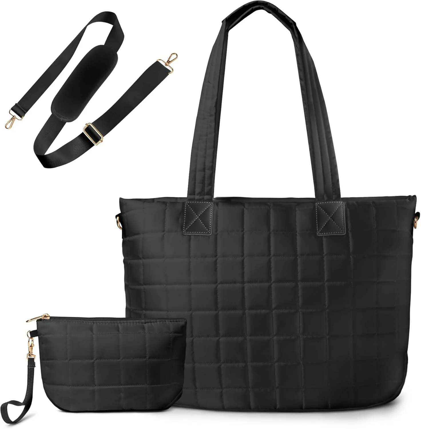 کیف دستی بزرگ زنانه پفی لحافی با یک کیف کوچک برای کار، مسافرت، باشگاه و استفاده روزانه، دارای جیب‌های متعدد و بند شانه، مناسب برای تبلت، کتاب، لوازم آرایشی و بطری