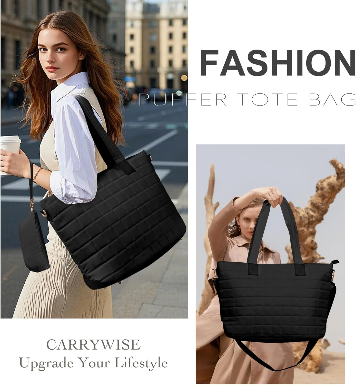 کیف دستی بزرگ زنانه پفی لحافی با یک کیف کوچک برای کار، مسافرت، باشگاه و استفاده روزانه، دارای جیبهای متعدد و بند شانه، مناسب برای تبلت، کتاب، لوازم آرایشی و بطری کیف دستی بزرگ زنانه پفی لحافی با یک کیف کوچک برای کار، مسافرت، باشگاه و استفاده روزانه، دارای جیبهای متعدد و بند شانه، مناسب برای تبلت، کتاب، لوازم آرایشی و بطری