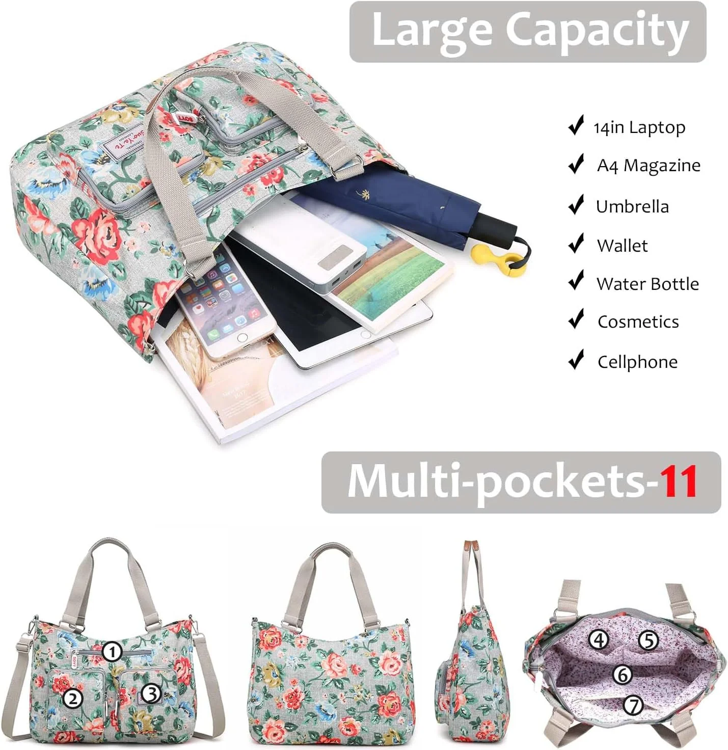 کیف دستی زنانه جادار، کیف و کیف دستی چند جیبه نایلونی ضد آب مناسب معلمان و پرستاران