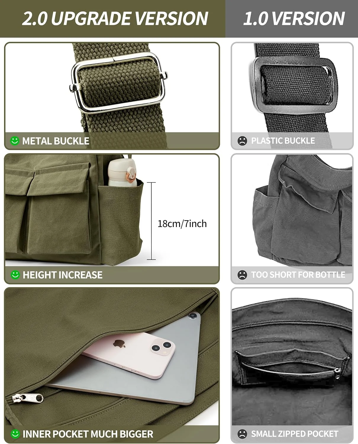 کیف دستی بوم کتان KALIDI، کیف پیام رسان با جیب و زیپ، کیف بزرگ دوشی، کیف کراس بادی برای زنان، مردان، دانشگاه، کار، مسافرت، استفاده روزمره