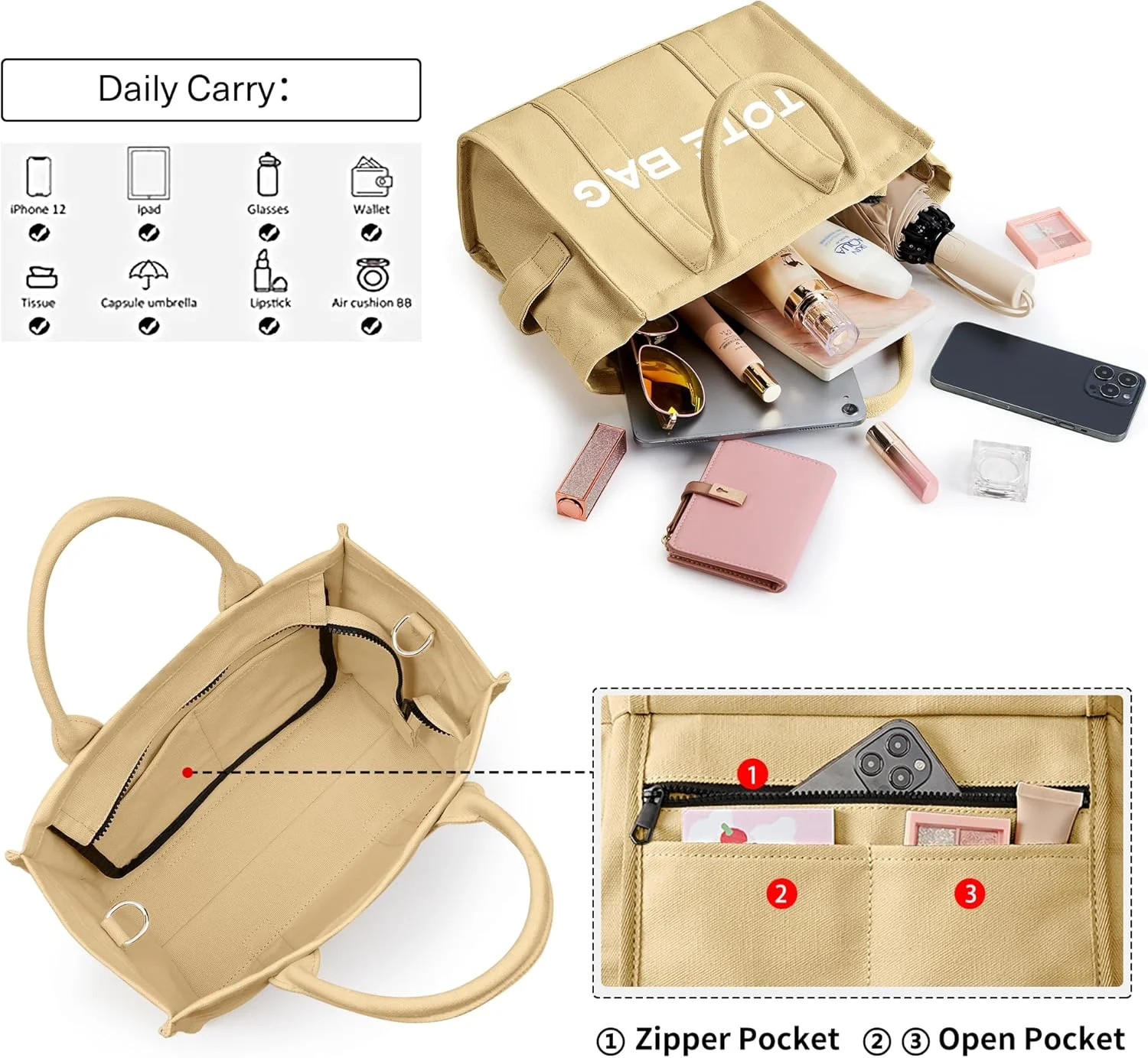 کیف دستی کرباس زنانه KALIDI، کیف کرباس با زیپ و جیب، کیف شانه ای کرباس زنانه، کیف دستی کراس بادی کرباس غیررسمی برای مدرسه، مسافرت، کار