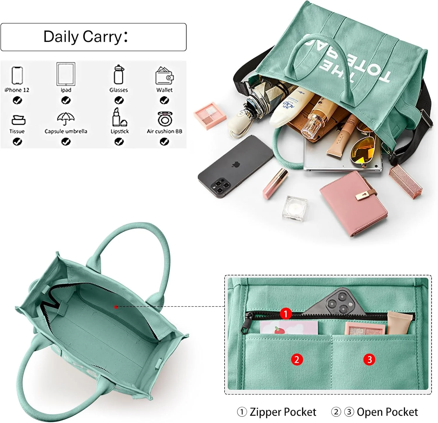 کیف دستی زنانه کرباس KALIDI، کیف کرباسی با زیپ و جیب، کیف دوشی کرباسی زنانه مناسب مدرسه، سفر و کار