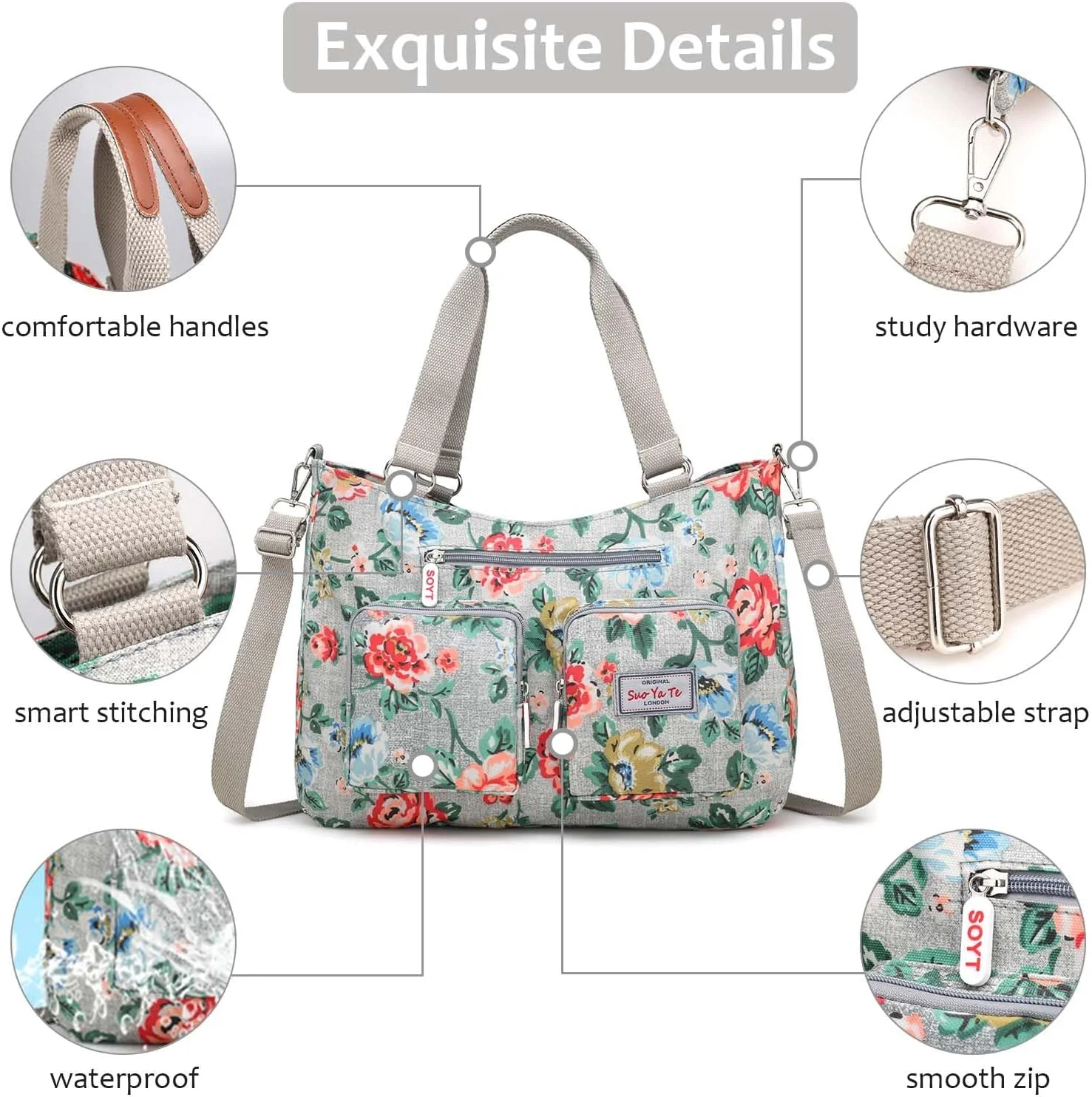 کیف دستی زنانه جادار، کیف و کیف دستی چند جیبه نایلونی ضد آب مناسب معلمان و پرستاران