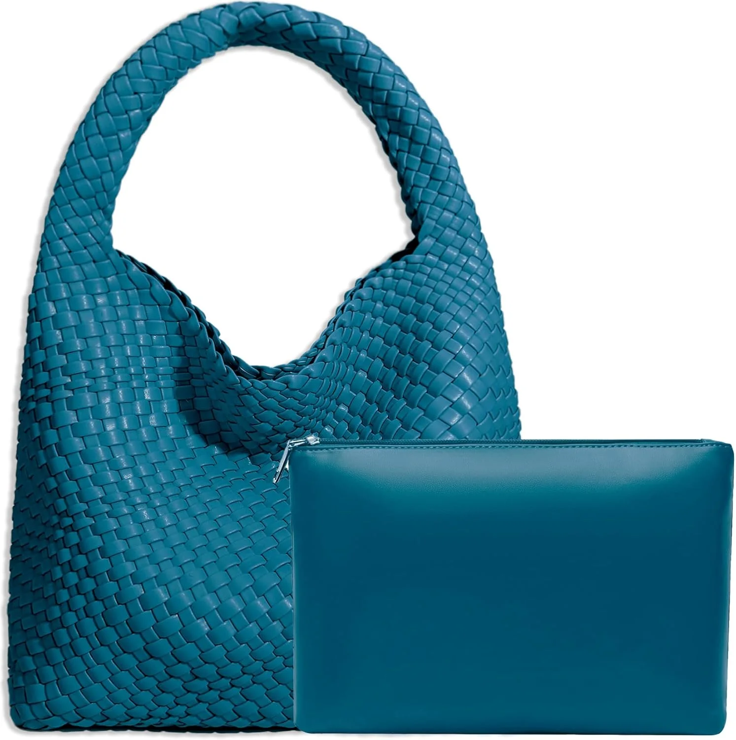 کیف دستی بافته شده زنانه جینمانکسو از چرم مصنوعی گیاهی، کیف شانه ای مد روز با دسته بالایی، کیف زیر بغل همه کاره با کیف پول، آبی دریاچه ای