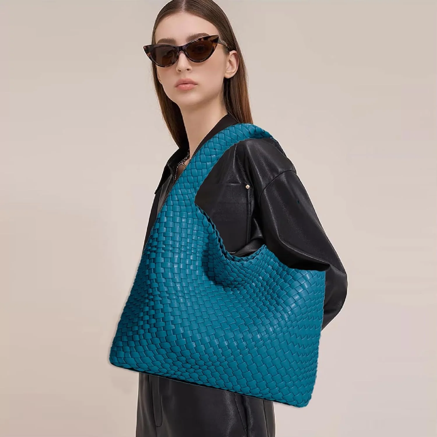 کیف دستی بافته شده زنانه جینمانکسو از چرم مصنوعی گیاهی، کیف شانه ای مد روز با دسته بالایی، کیف زیر بغل همه کاره با کیف پول، آبی دریاچه ای