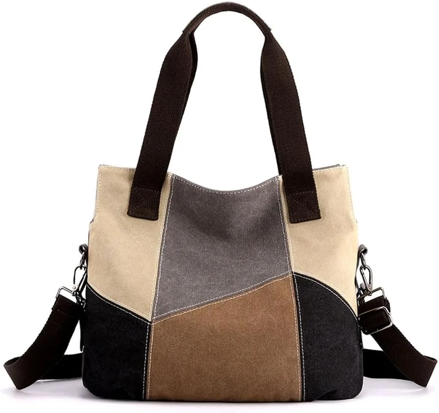 کیف دستی زنانه بوم، کیف دوشی، کیف بزرگ، کیف کراس بادی غیر رسمی با بند قابل تنظیم، دوخت تکه ای، دسته بالایی قهوه ای
