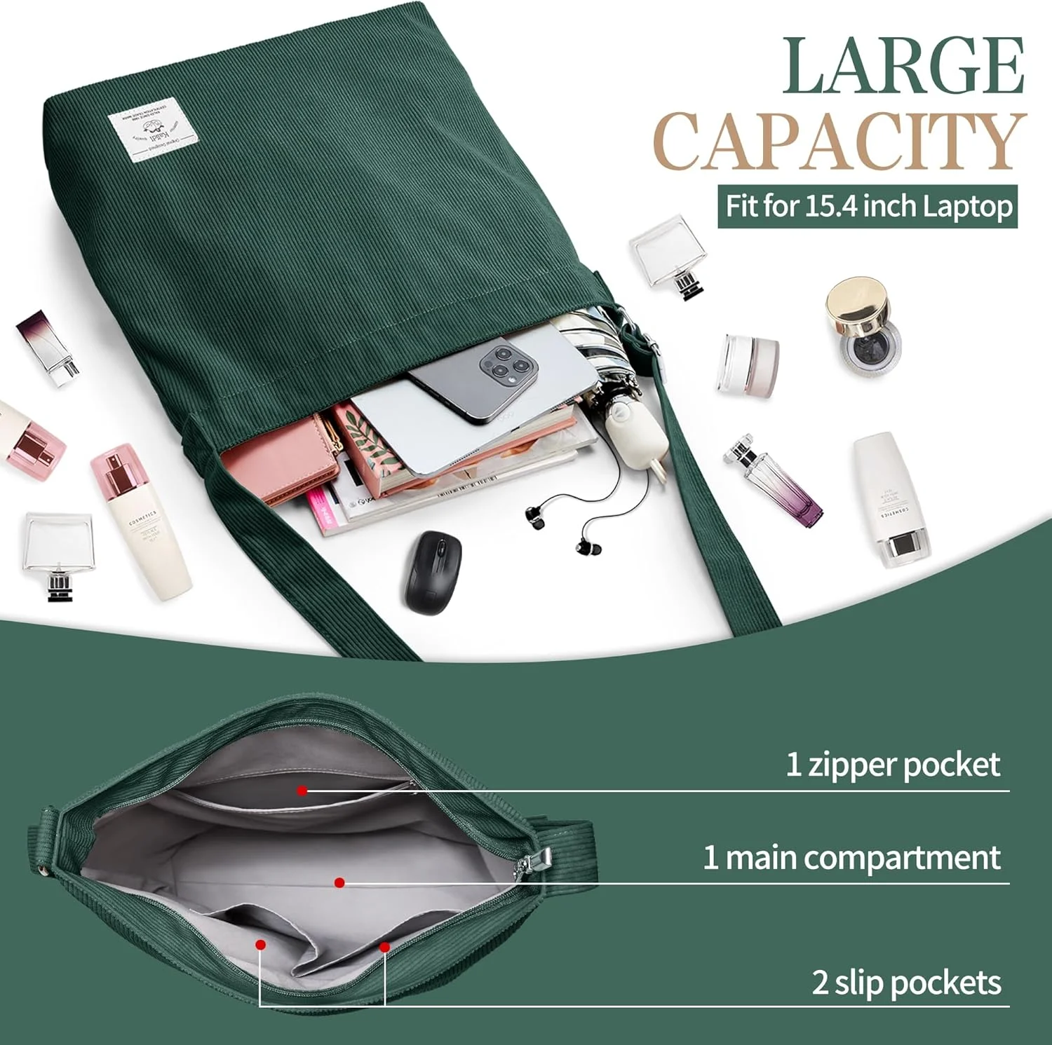 کیف دستی زنانه کتان کبریتی KALIDI، کیف بزرگ دوشی روزمره با زیپ، کیف کراس بادی، کیف شانه ای مدل Hobo، کیف دستی زنانه مناسب کار و مد