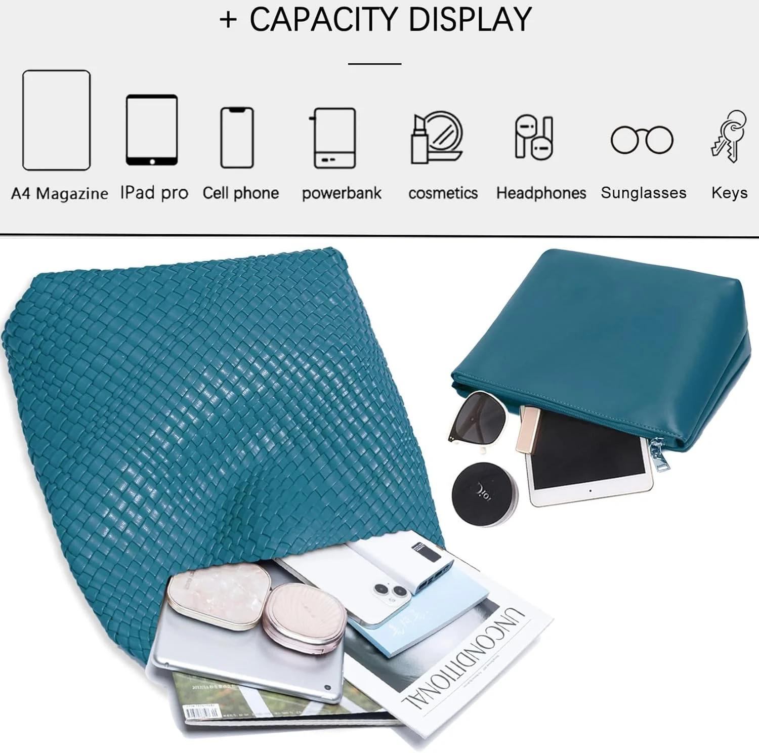 کیف دستی بافته شده زنانه جینمانکسو از چرم مصنوعی گیاهی، کیف شانه ای مد روز با دسته بالایی، کیف زیر بغل همه کاره با کیف پول، آبی دریاچه ای