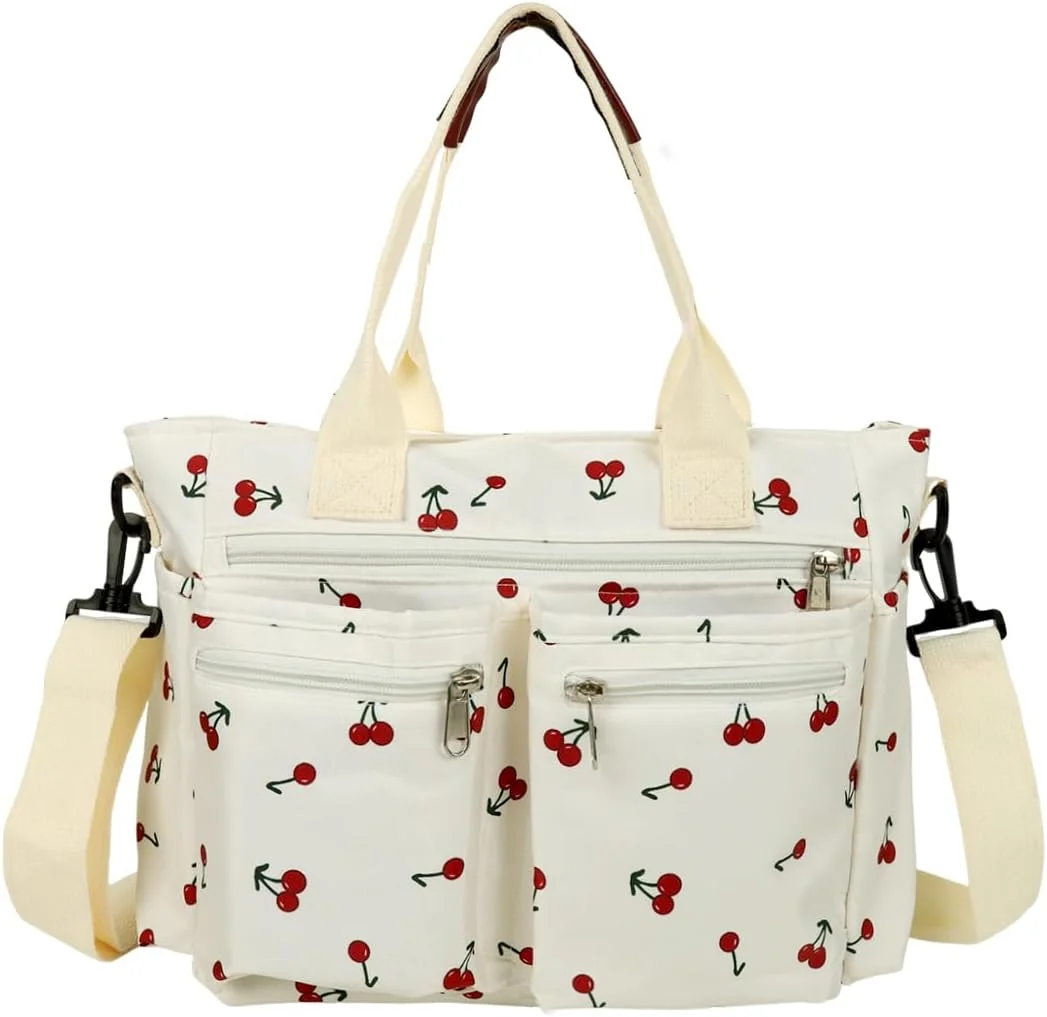 کیف دستی زنانه HASTHIP® با طرح گیلاس، کیف بزرگ بوم برای استفاده روزمره، کیف کار با جیب های متعدد، مناسب سفر و استفاده روزانه