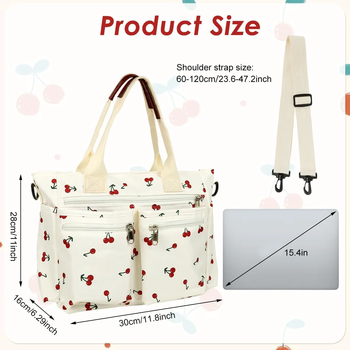 کیف دستی زنانه HASTHIP® با طرح گیلاس، کیف بزرگ بوم برای استفاده روزمره، کیف کار با جیب های متعدد، مناسب سفر و استفاده روزانه