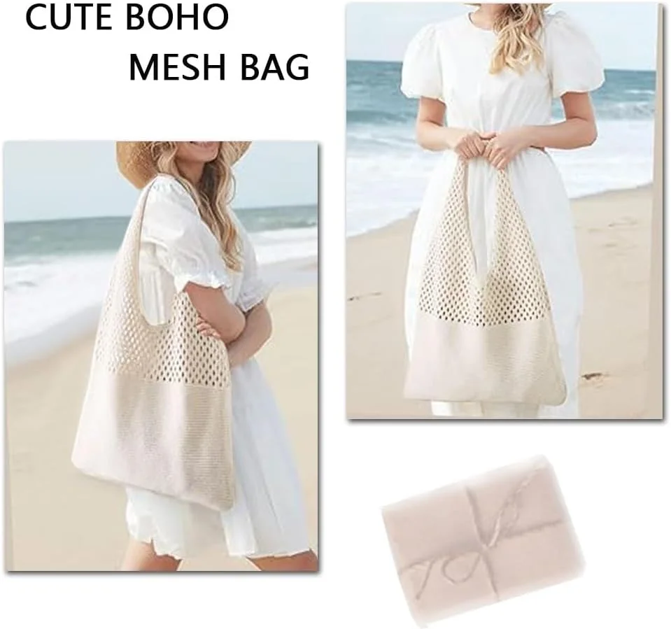 کیف بافتنی زنانه، کیف توری بافتنی ساحلی، کیف بافتنی بوهو مناسب تعطیلات تابستانی برای زنان، کیف دستی ساحلی