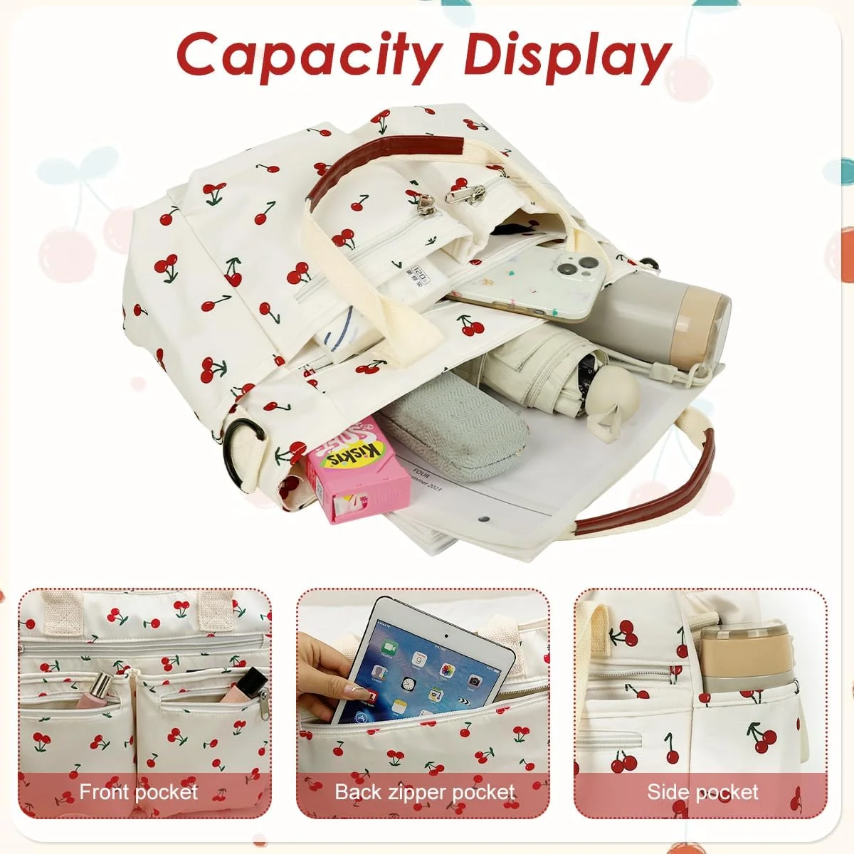 کیف دستی زنانه HASTHIP® با طرح گیلاس، کیف بزرگ بوم برای استفاده روزمره، کیف کار با جیب های متعدد، مناسب سفر و استفاده روزانه