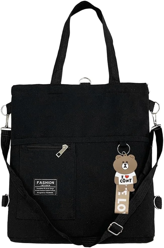 کیف دستی بوم پنبه ای، کیف رودوشی چند جیبی با آویز کارتونی، کیف دستی بادوام با دسته بالایی زیپ دار تاشو برای زنان، دختران، مدرسه، کار، مسافرت، مشکی