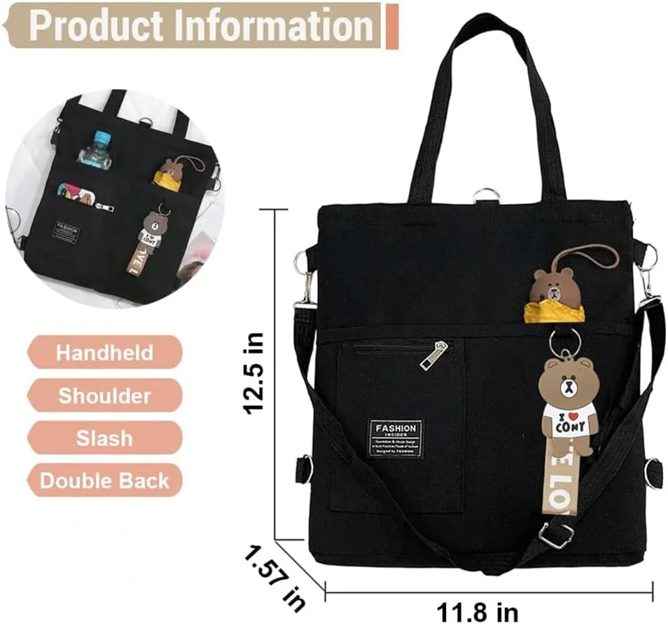 کیف دستی بوم پنبه ای، کیف رودوشی چند جیبی با آویز کارتونی، کیف دستی بادوام با دسته بالایی زیپ دار تاشو برای زنان، دختران، مدرسه، کار، مسافرت، مشکی کیف دستی بوم پنبه ای، کیف رودوشی چند جیبی با آویز کارتونی، کیف دستی بادوام با دسته بالایی زیپ دار تاشو برای زنان، دختران، مدرسه، کار، مسافرت، مشکی