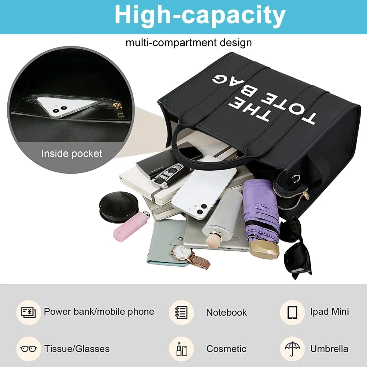 کیف دستی زنانه، کیف بزرگ چرمی PU، کیف دوشی ضد آب با دسته بالایی و بند جداشدنی و زیپ، مناسب کار، مسافرت و استفاده روزانه