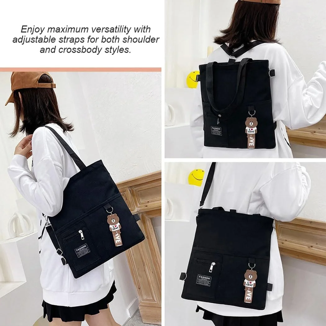 کیف دستی بوم پنبه ای، کیف رودوشی چند جیبی با آویز کارتونی، کیف دستی بادوام با دسته بالایی زیپ دار تاشو برای زنان، دختران، مدرسه، کار، مسافرت، مشکی کیف دستی بوم پنبه ای، کیف رودوشی چند جیبی با آویز کارتونی، کیف دستی بادوام با دسته بالایی زیپ دار تاشو برای زنان، دختران، مدرسه، کار، مسافرت، مشکی