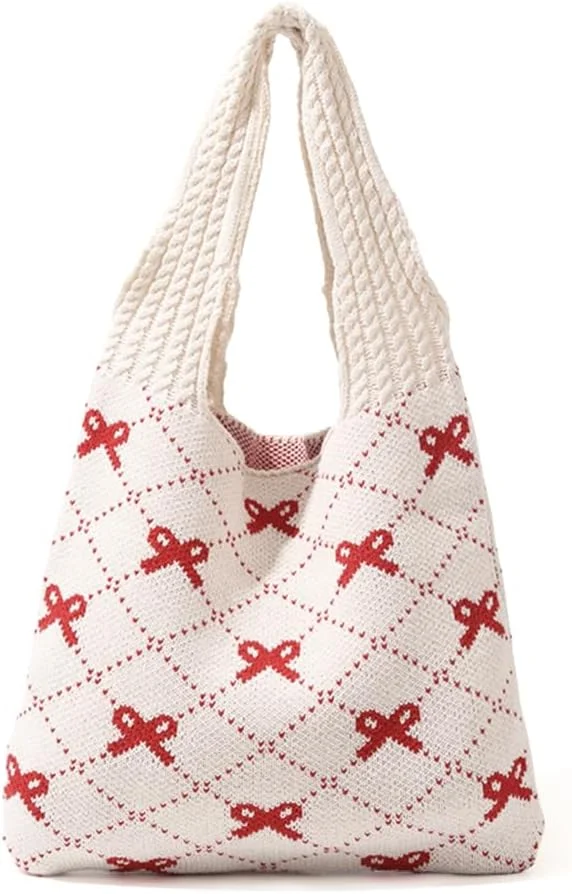 کیف بافتنی دستی برای دختران و بانوان، کیف دوشی شیک و غیررسمی نرم، کیف بافتنی پاپیونی قرمز زیبا، کیف روزمره، کیف کتاب برای مدرسه، اداره، مسافرت، 35x36 سانتی متر