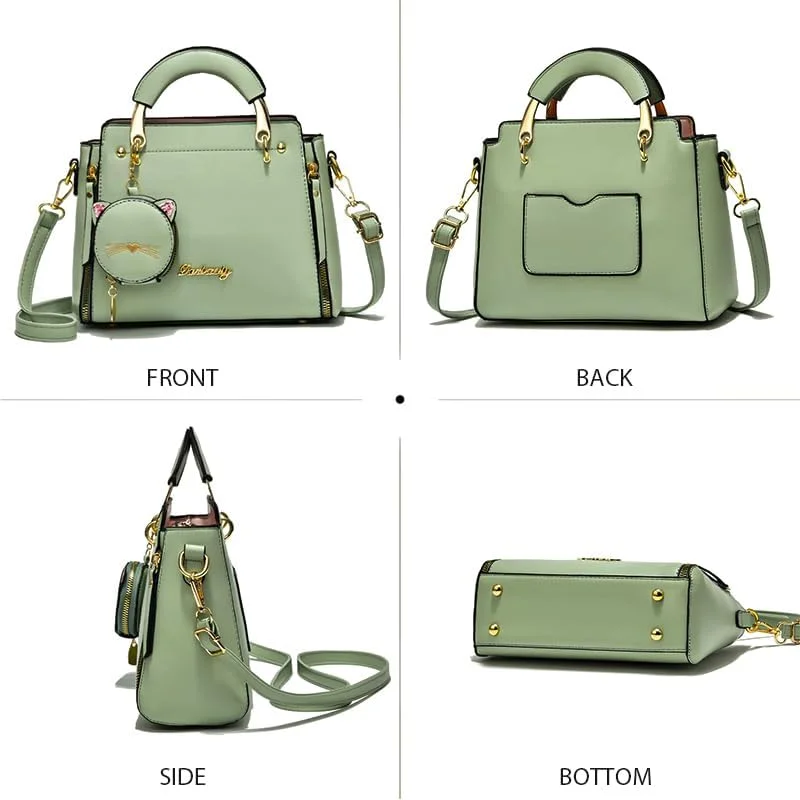 کیف دستی زنانه، کیف کوچک دستی چرم مصنوعی زنانه با کیف گرد زیپ‌دار هماهنگ