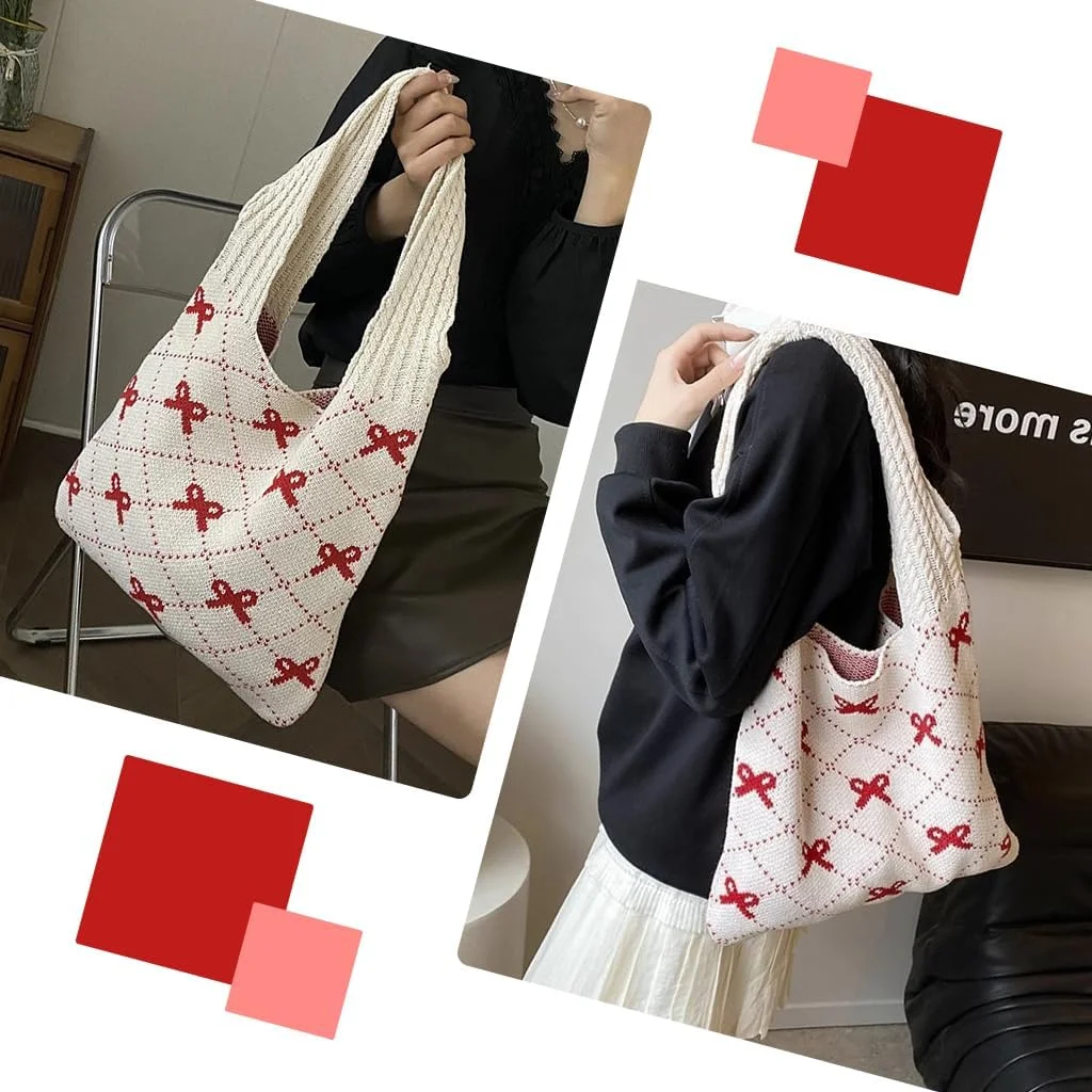 کیف بافتنی دستی برای دختران و بانوان، کیف دوشی شیک و غیررسمی نرم، کیف بافتنی پاپیونی قرمز زیبا، کیف روزمره، کیف کتاب برای مدرسه، اداره، مسافرت، 35x36 سانتی متر