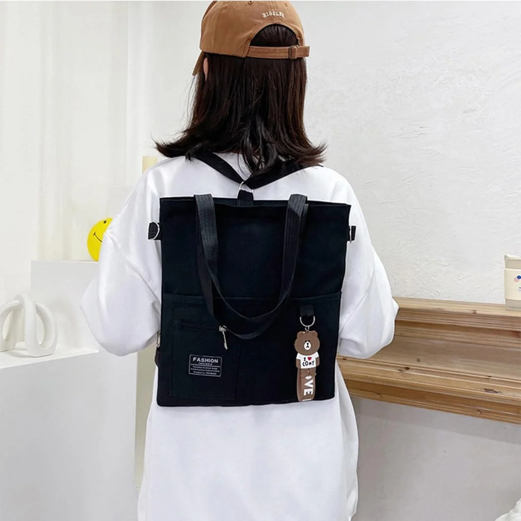 کیف دستی بوم پنبه ای، کیف رودوشی چند جیبی با آویز کارتونی، کیف دستی بادوام با دسته بالایی زیپ دار تاشو برای زنان، دختران، مدرسه، کار، مسافرت، مشکی کیف دستی بوم پنبه ای، کیف رودوشی چند جیبی با آویز کارتونی، کیف دستی بادوام با دسته بالایی زیپ دار تاشو برای زنان، دختران، مدرسه، کار، مسافرت، مشکی