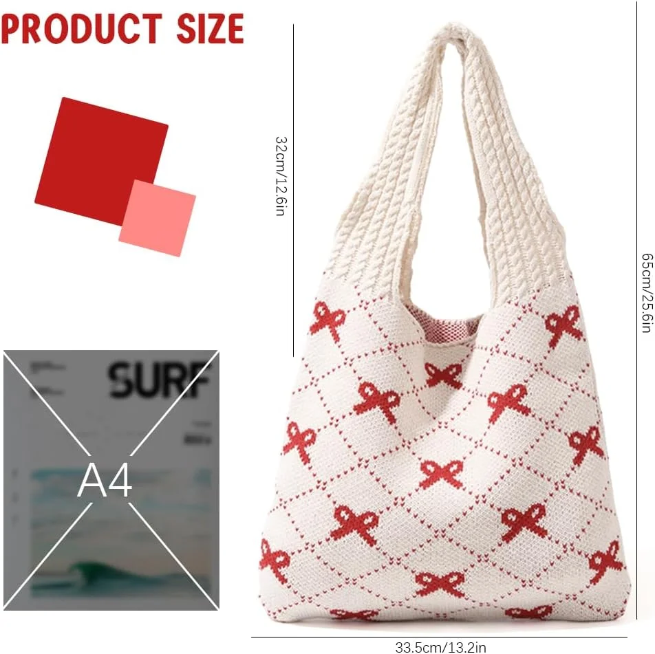 کیف بافتنی دستی برای دختران و بانوان، کیف دوشی شیک و غیررسمی نرم، کیف بافتنی پاپیونی قرمز زیبا، کیف روزمره، کیف کتاب برای مدرسه، اداره، مسافرت، 35x36 سانتی متر