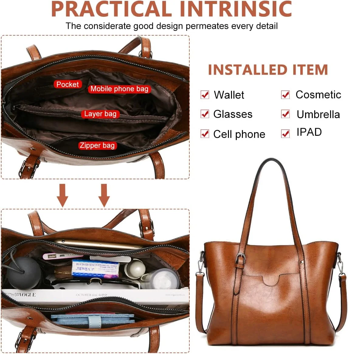 کیف دستی زنانه چرم مصنوعی PU با ظرفیت بزرگ، کیف مدل هوبو زنانه با بند قابل تنظیم جداشدنی، کیف دوشی برای مسافرت و رفت و آمد