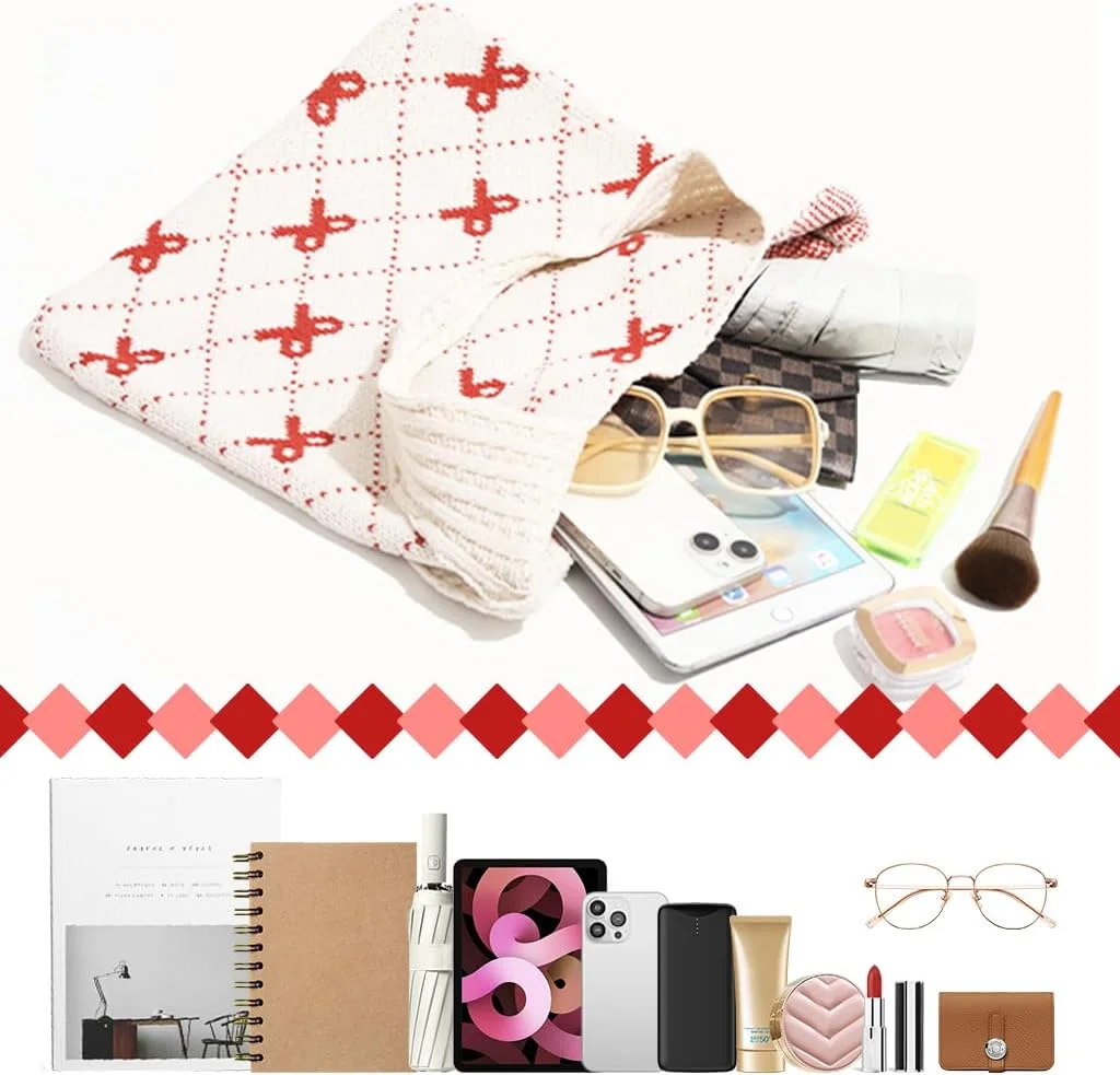 کیف بافتنی دستی برای دختران و بانوان، کیف دوشی شیک و غیررسمی نرم، کیف بافتنی پاپیونی قرمز زیبا، کیف روزمره، کیف کتاب برای مدرسه، اداره، مسافرت، 35x36 سانتی متر