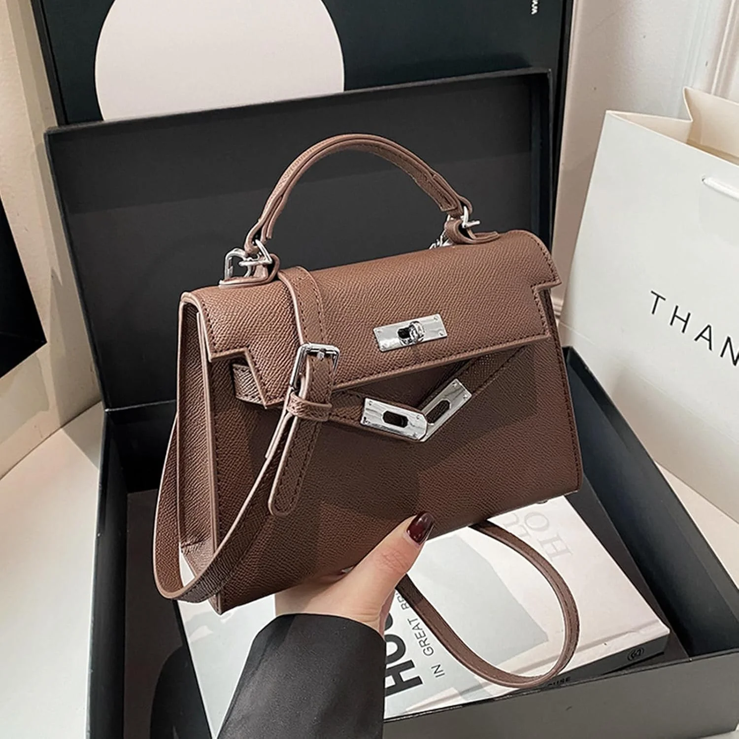 کیف دستی زنانه چرم مصنوعی با دسته بالایی، کیف دوشی و کیف رودوشی کوچک با بند جداشدنی (قهوه ای)