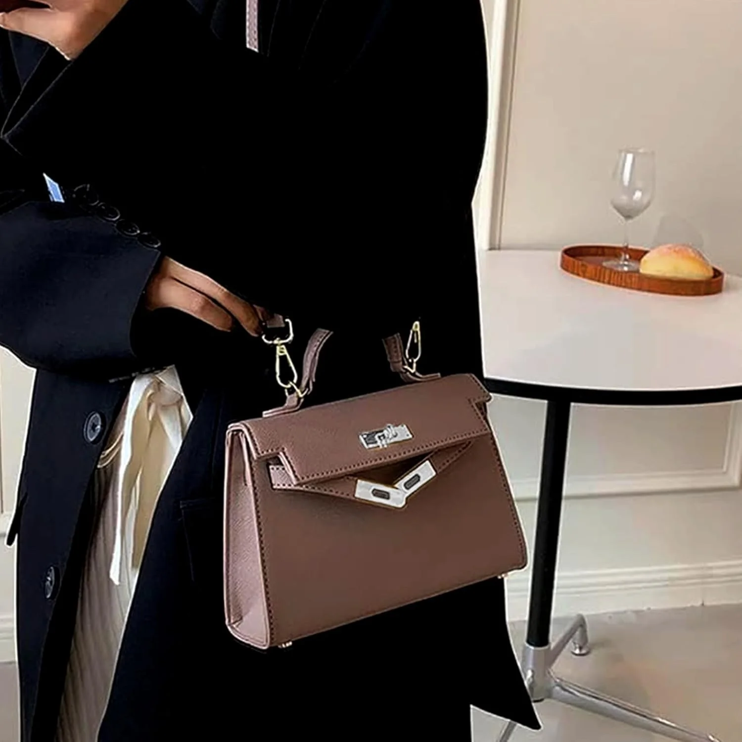 کیف دستی زنانه چرم مصنوعی با دسته بالایی، کیف دوشی و کیف رودوشی کوچک با بند جداشدنی (قهوه ای)
