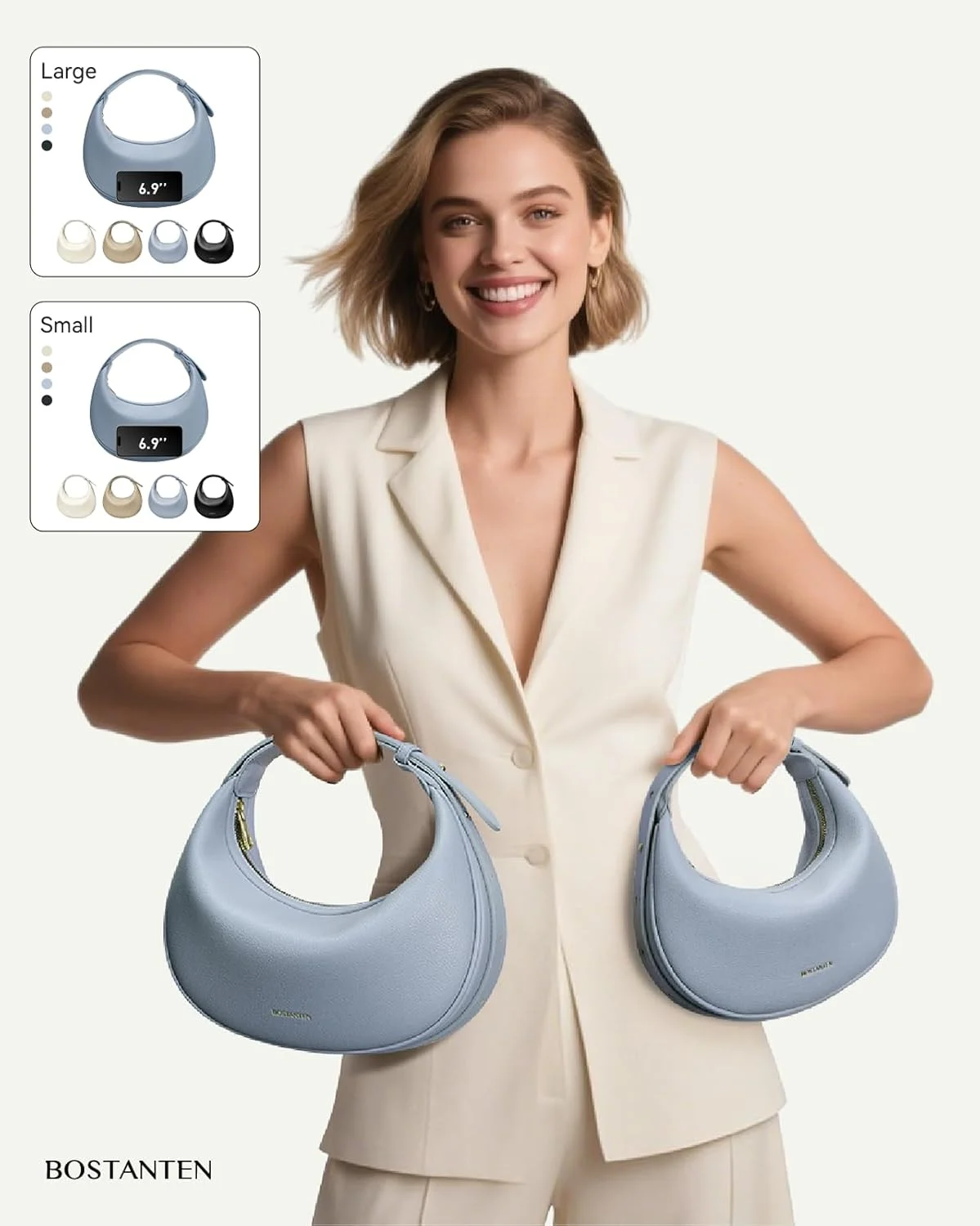 کیف دوشی هلالی BOSTANTEN زنانه، کیف دستی کلاچ چرم مصنوعی، آبی کوچک