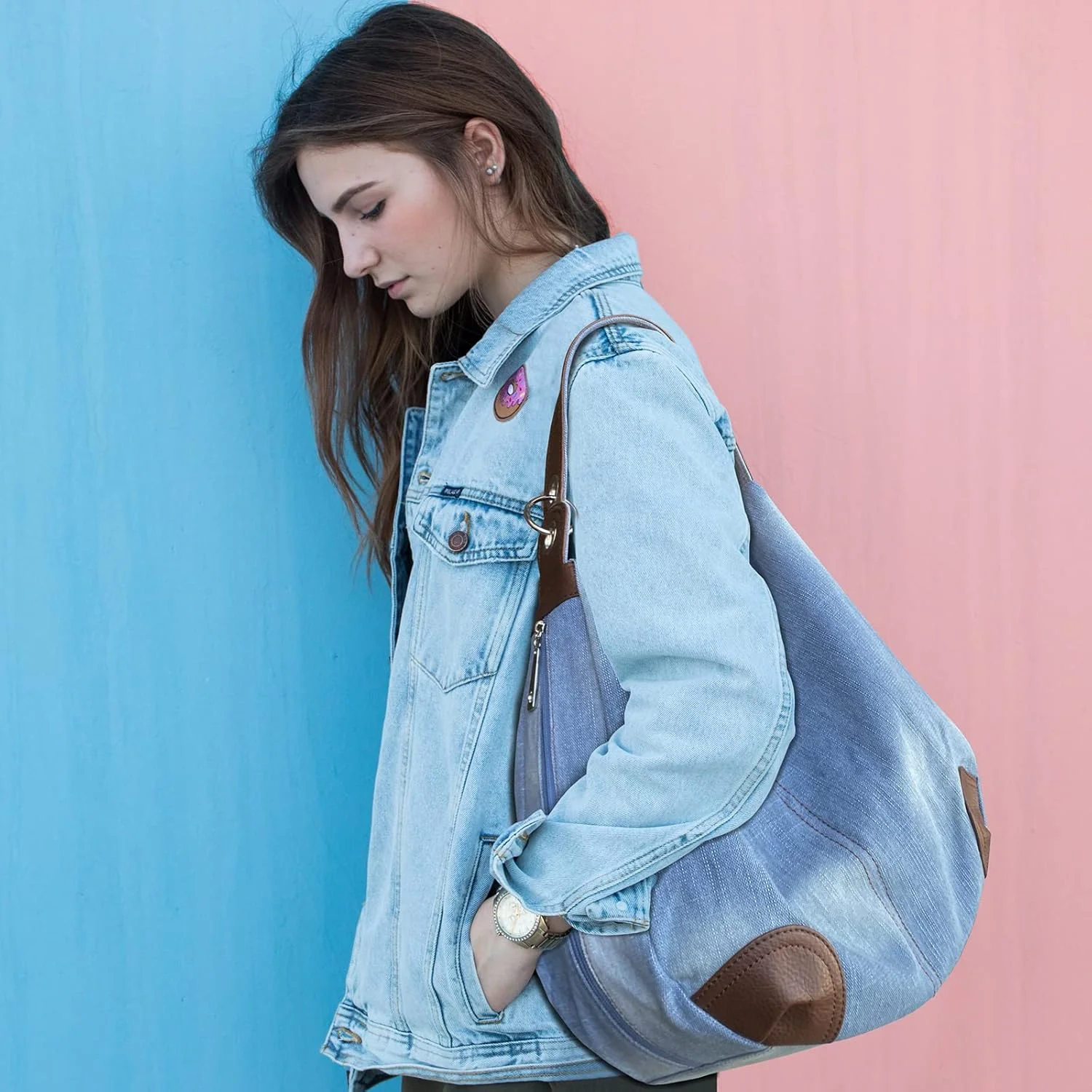 کیف دستی جین زنانه با جیب‌های متعدد، کیف پول جین آبی، کیف دستی بزرگ، کیف‌های دوشی