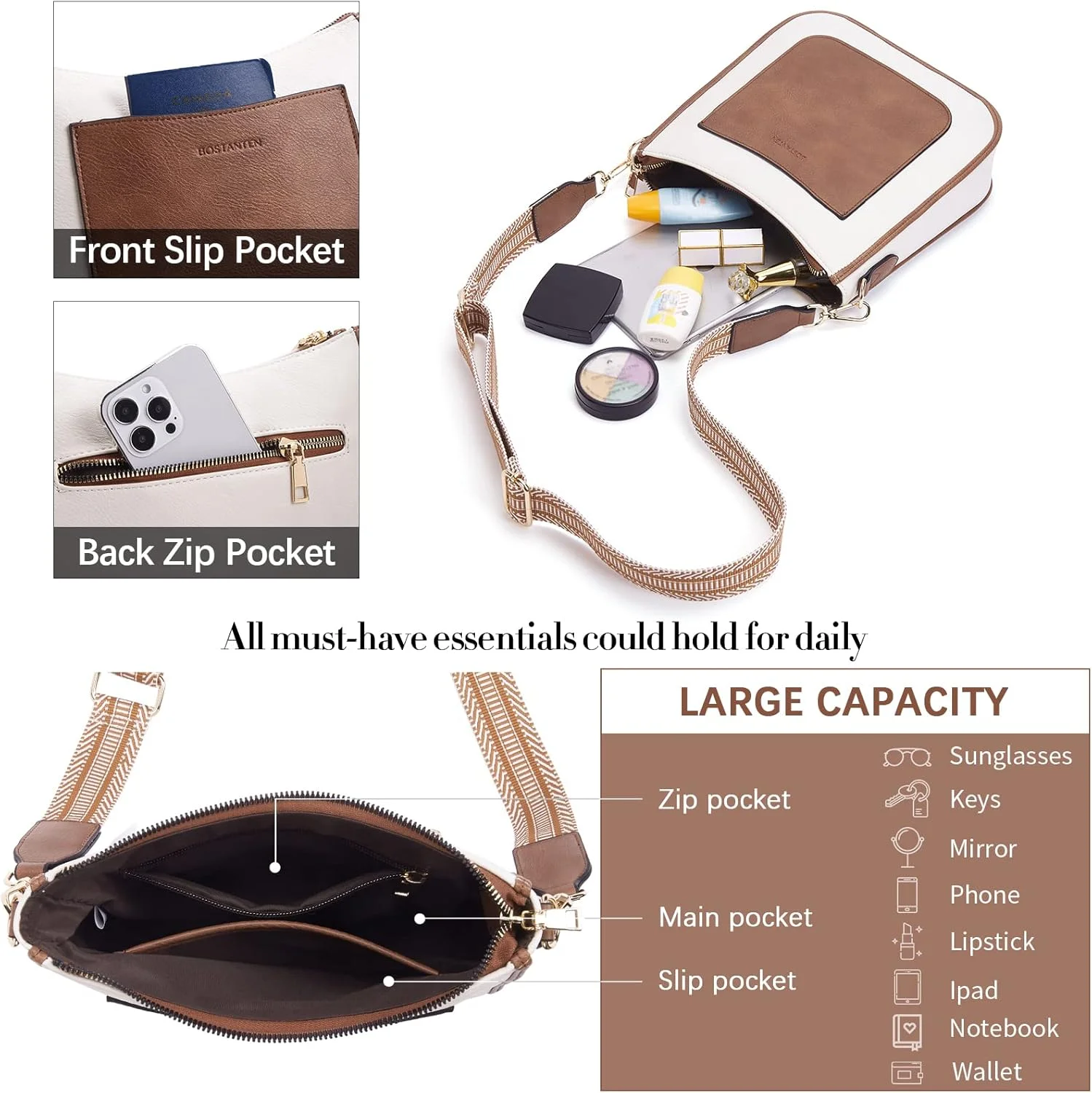 کیف های کراس بادی زنانه BOSTANTEN، کیف های دستی هوبو چرم مصنوعی شیک، کیف های شانه ای مد روز با بند گیتار قابل تنظیم