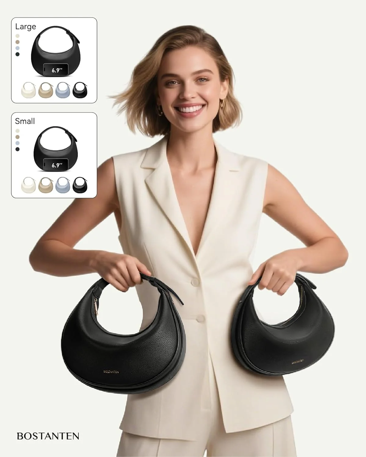 کیف دوشی هلالی BOSTANTEN زنانه، کیف دستی کراس بادی شیک، کیف کلاچ چرم مصنوعی، بند قابل تنظیم