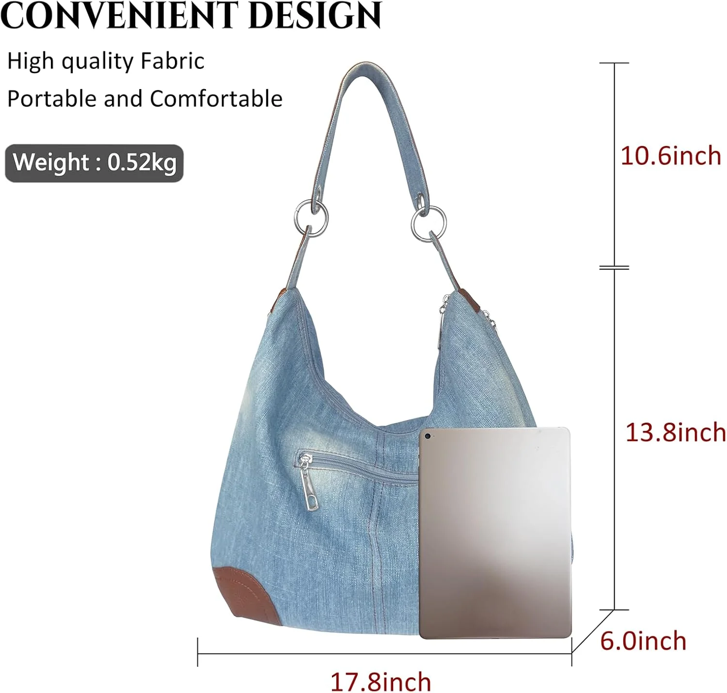 کیف دستی جین زنانه با جیب‌های متعدد، کیف پول جین آبی، کیف دستی بزرگ، کیف‌های دوشی