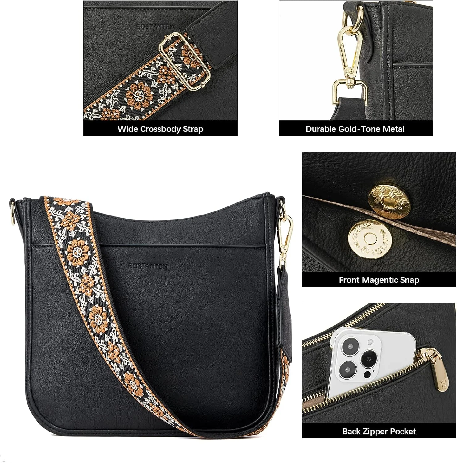 کیف دستی زنانه چرم BOSTANTEN، کیف دوشی زنانه مدل Hobo با بند قابل تنظیم