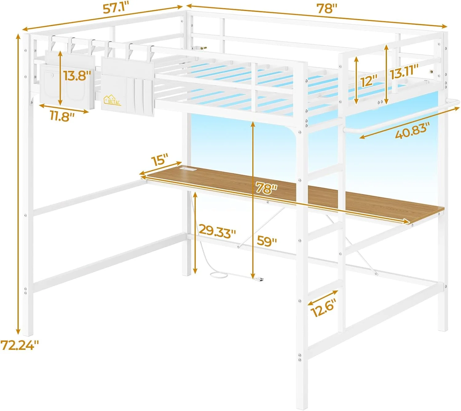 تخت خواب فلزی دو طبقه سایز کامل با میز و چراغ های ال ای دی، تخت خواب فلزی دو طبقه سایز کامل با پریز برق، قاب تخت خواب سایز کامل با تخت بالایی و محافظ ایمنی و نردبان، صرفه جویی در فضا، بدون صدا، بدون نیاز به فنر جعبه ای، سفید