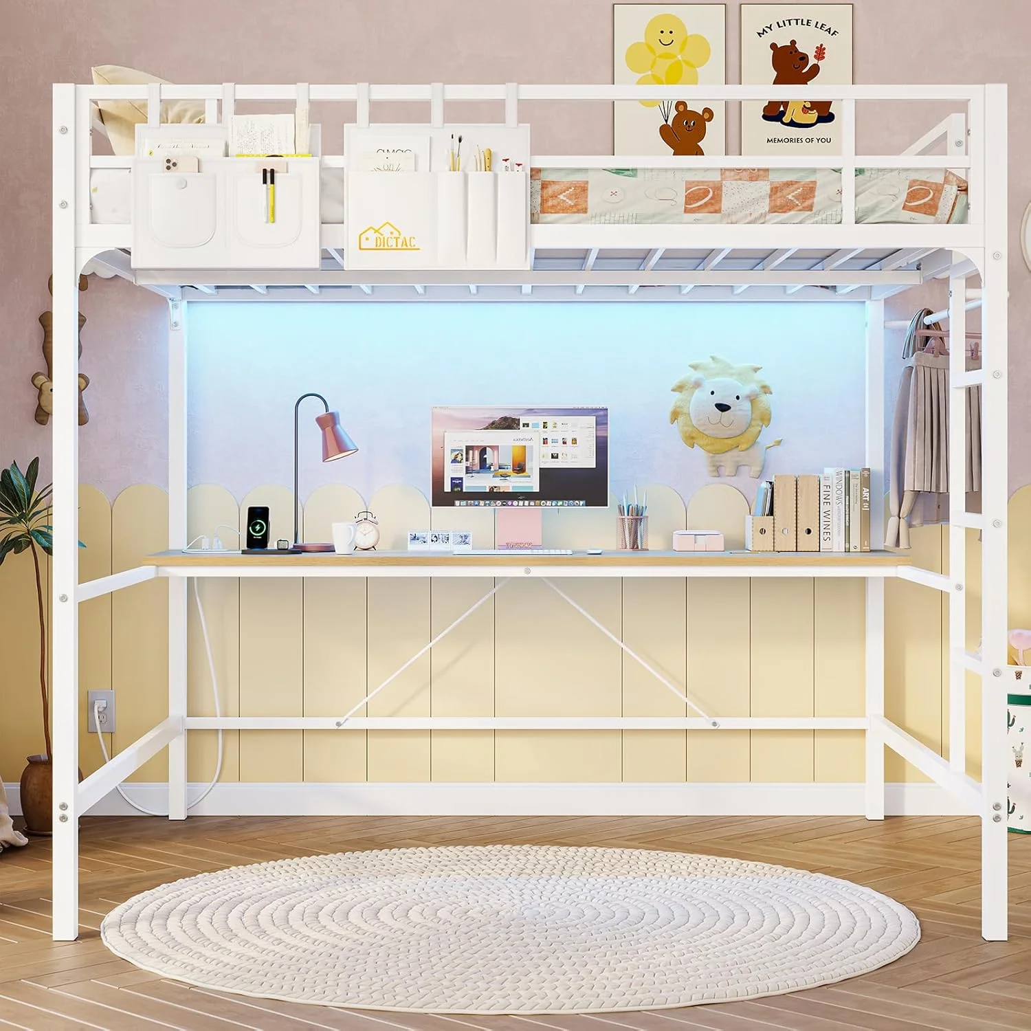 تخت خواب فلزی دو طبقه سایز کامل با میز و چراغ های ال ای دی، تخت خواب فلزی دو طبقه سایز کامل با پریز برق، قاب تخت خواب سایز کامل با تخت بالایی و محافظ ایمنی و نردبان، صرفه جویی در فضا، بدون صدا، بدون نیاز به فنر جعبه ای، سفید