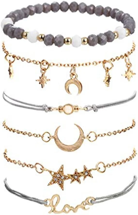 دستبندهای مهره‌ای فشن SYOSI برای زنان، مجموعه دستبندهای پندنت جذاب قابل تنظیم، ماه طلایی، ست دستبند مرواریدی زنجیر دست عشق ستاره‌ای، 6 عدد