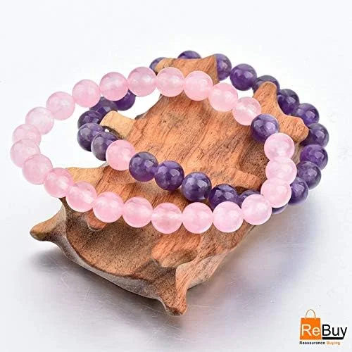 دستبند آمتیست و رز کوارتز REBUY برای آقایان و بانوان | دارای گواهی اصالت سنگ های قیمتی طبیعی برای شفای کریستالی، جذب انرژی مثبت، رشد معنوی و محافظت | سایز 8 میلی متر بسته 2 عددی