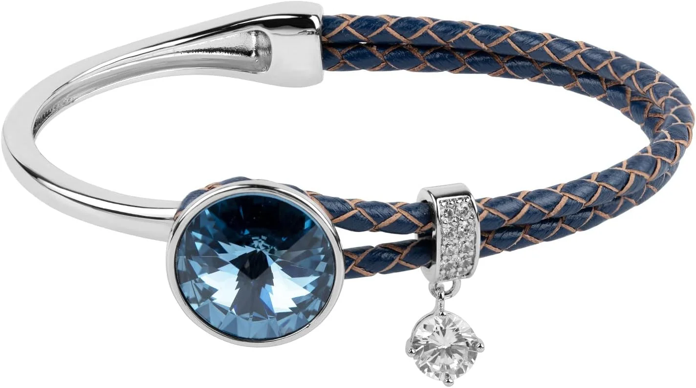 دستبند النگویی چرمی بافت نیمه ترندی مون استون با کریستال های سواروسکی و نقره استرلینگ برای بانوان دستبند النگویی چرمی بافت نیمه ترندی مون استون با کریستال های سواروسکی و نقره استرلینگ برای بانوان