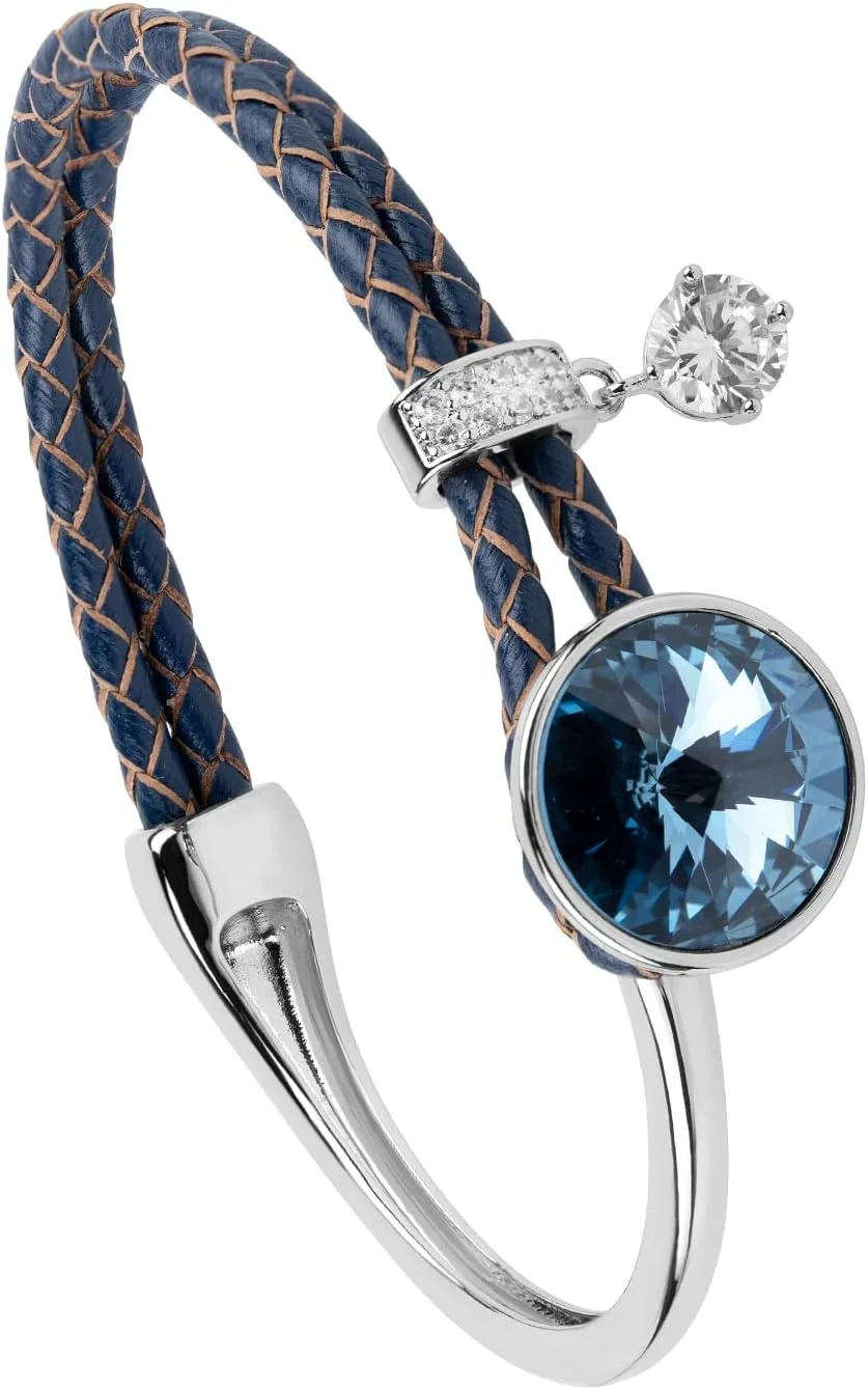 دستبند النگویی چرمی بافت نیمه ترندی مون استون با کریستال های سواروسکی و نقره استرلینگ برای بانوان دستبند النگویی چرمی بافت نیمه ترندی مون استون با کریستال های سواروسکی و نقره استرلینگ برای بانوان